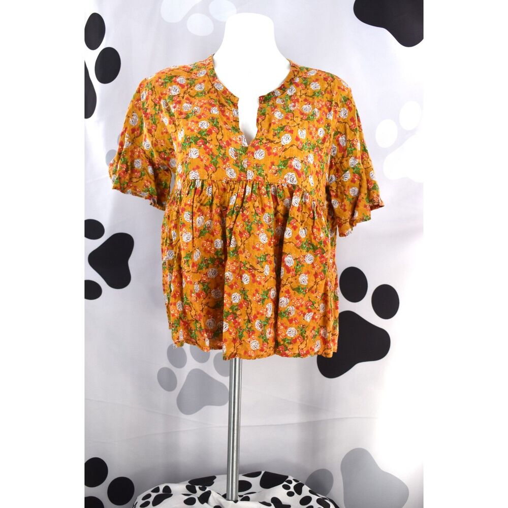 Umgee USA Floral Print Boho Top Short Sleeve Babydoll Blouse Mustard Size Small